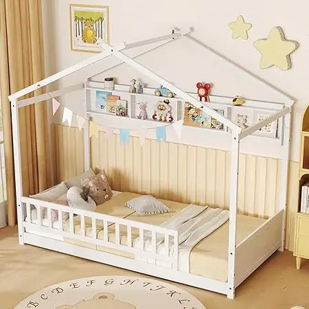 Giantex Floor Bed With Storage Shelf Headboard And Guardrail