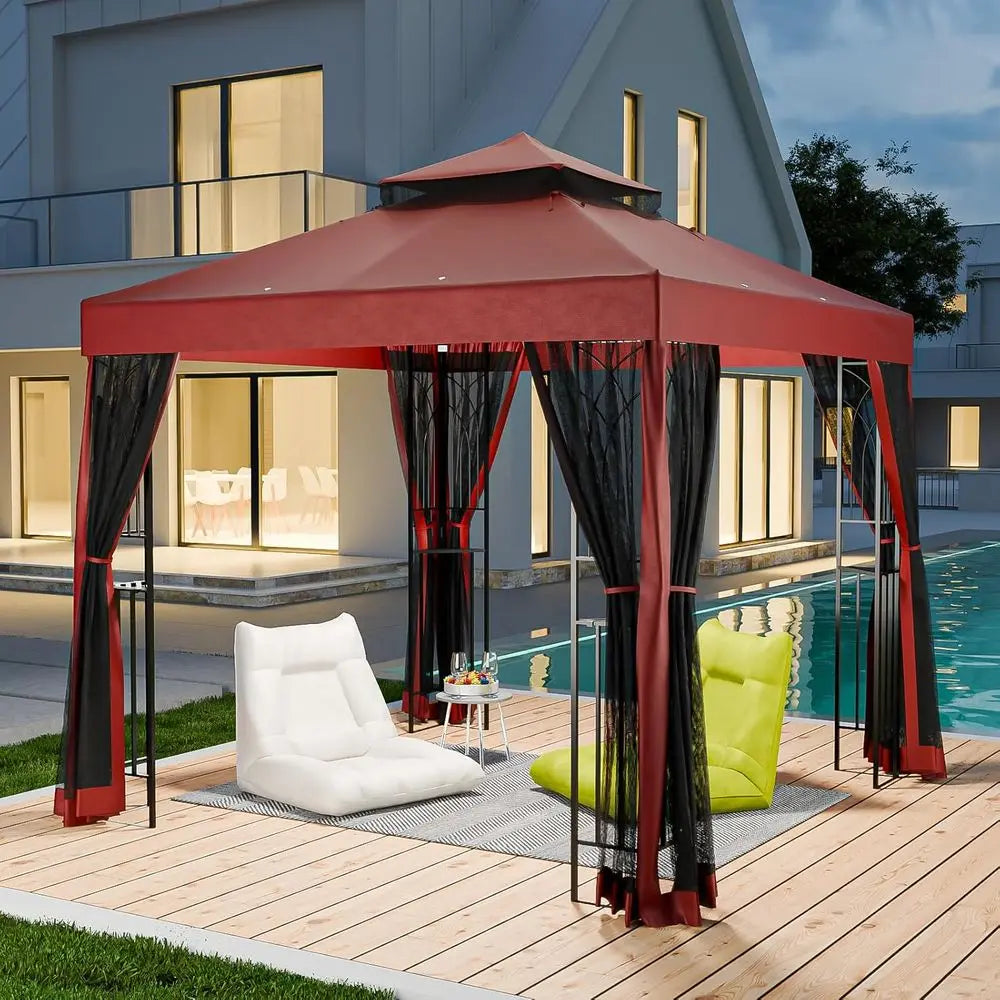 8' x 8' Outdoor Patio Gazebo with Mesh Netting & Built-In Corner Shelves