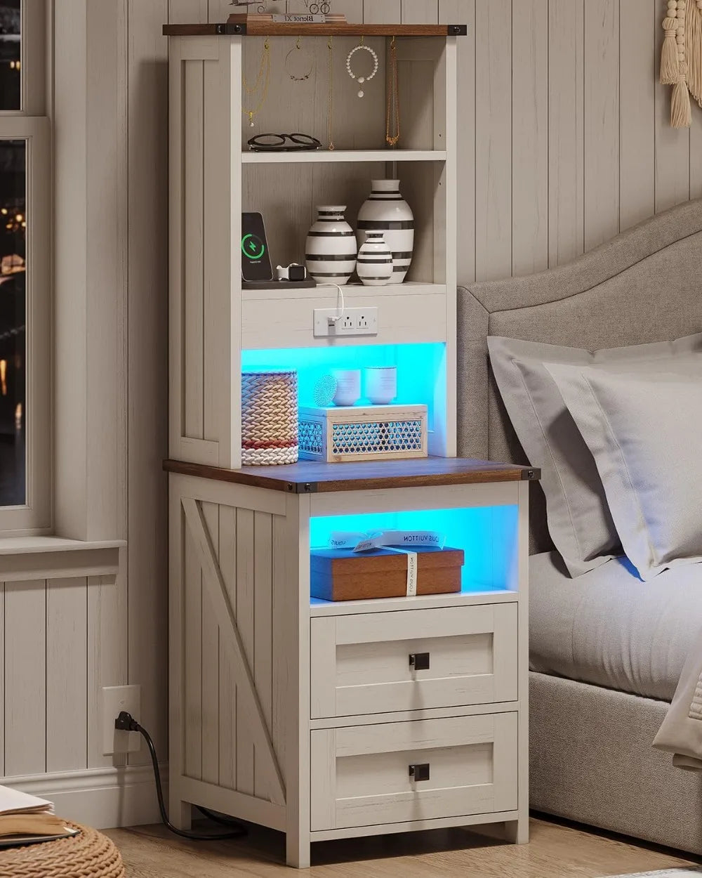 Farmhouse Nightstand Set With Charging Station And LED Lights