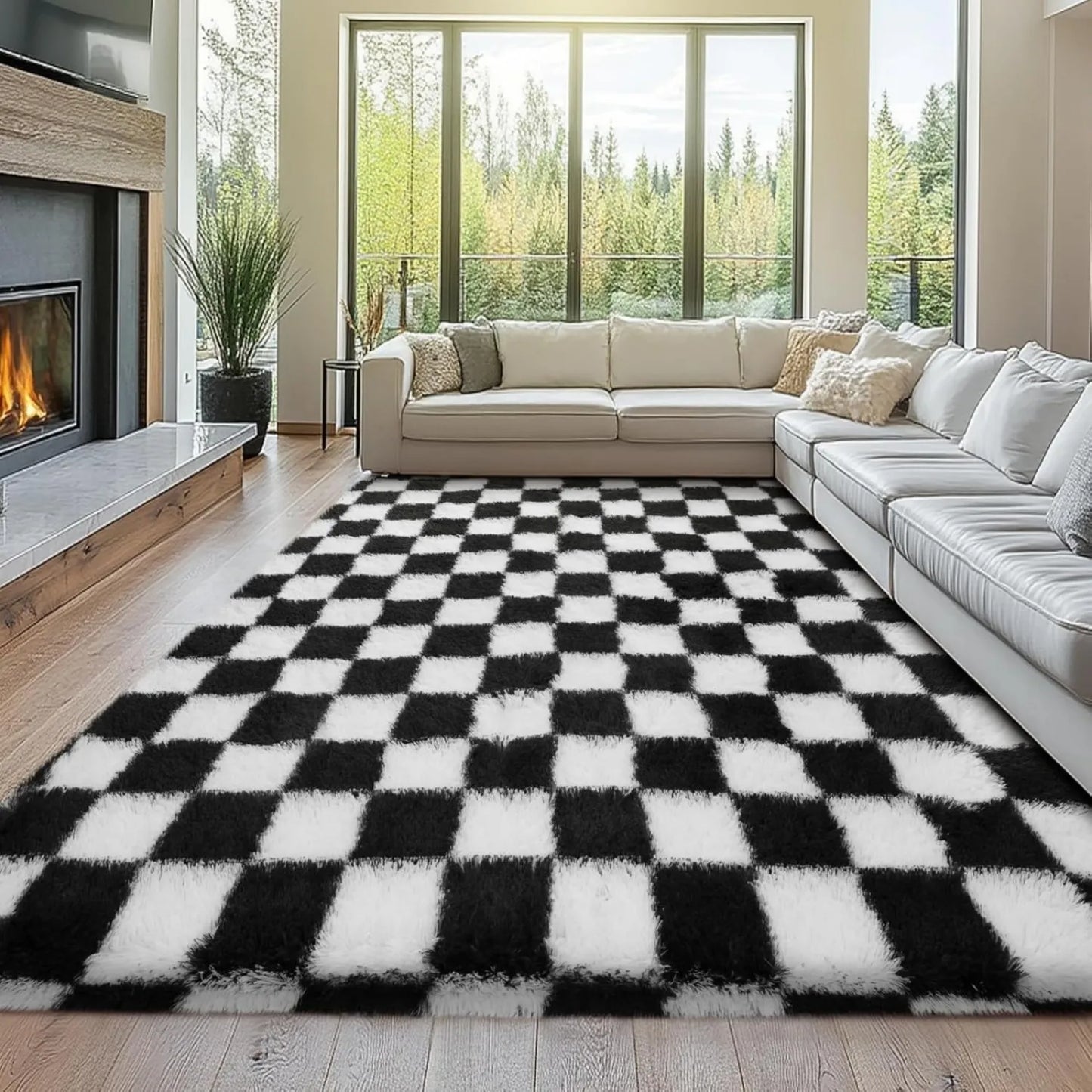 Checkered Shag Rug for Living Room Non Slip High Pile