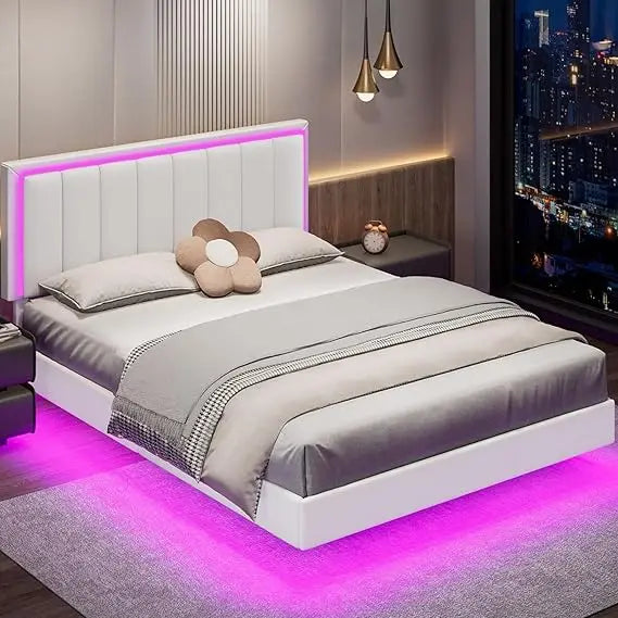 Floating Upholstered Bed Frame With LED Headboard And Slats