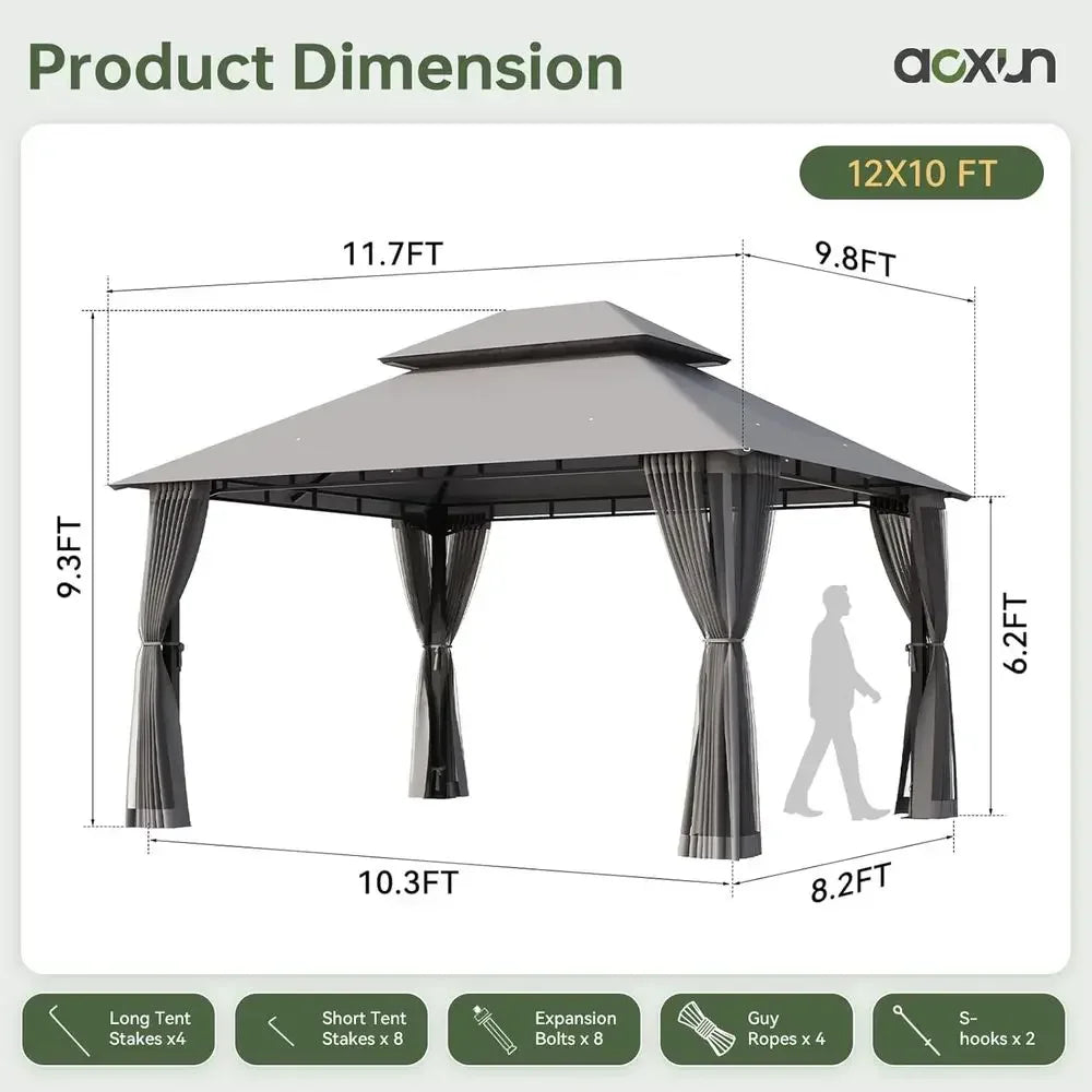 12x10 Outdoor Heavy Duty Gazebo With Double Roof And Mosquito Netting