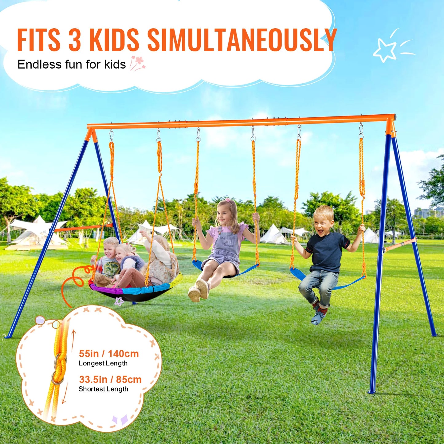 3-Seat Kids’ Outdoor Swing Set with Saucer Swing – 600 lb Capacity