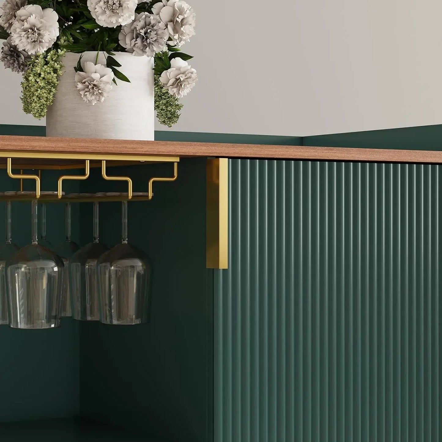 Modern Fluted Wood Wine Bar Cabinet With Glass Holder