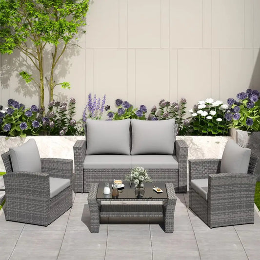 Outdoor Patio Furniture Set with Sectional Sofa and Glass Table