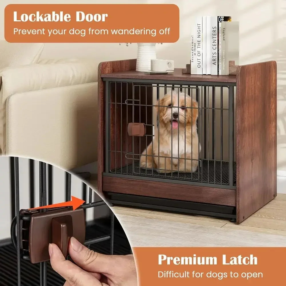Small Wooden Dog Crate End Table with Removable Tray