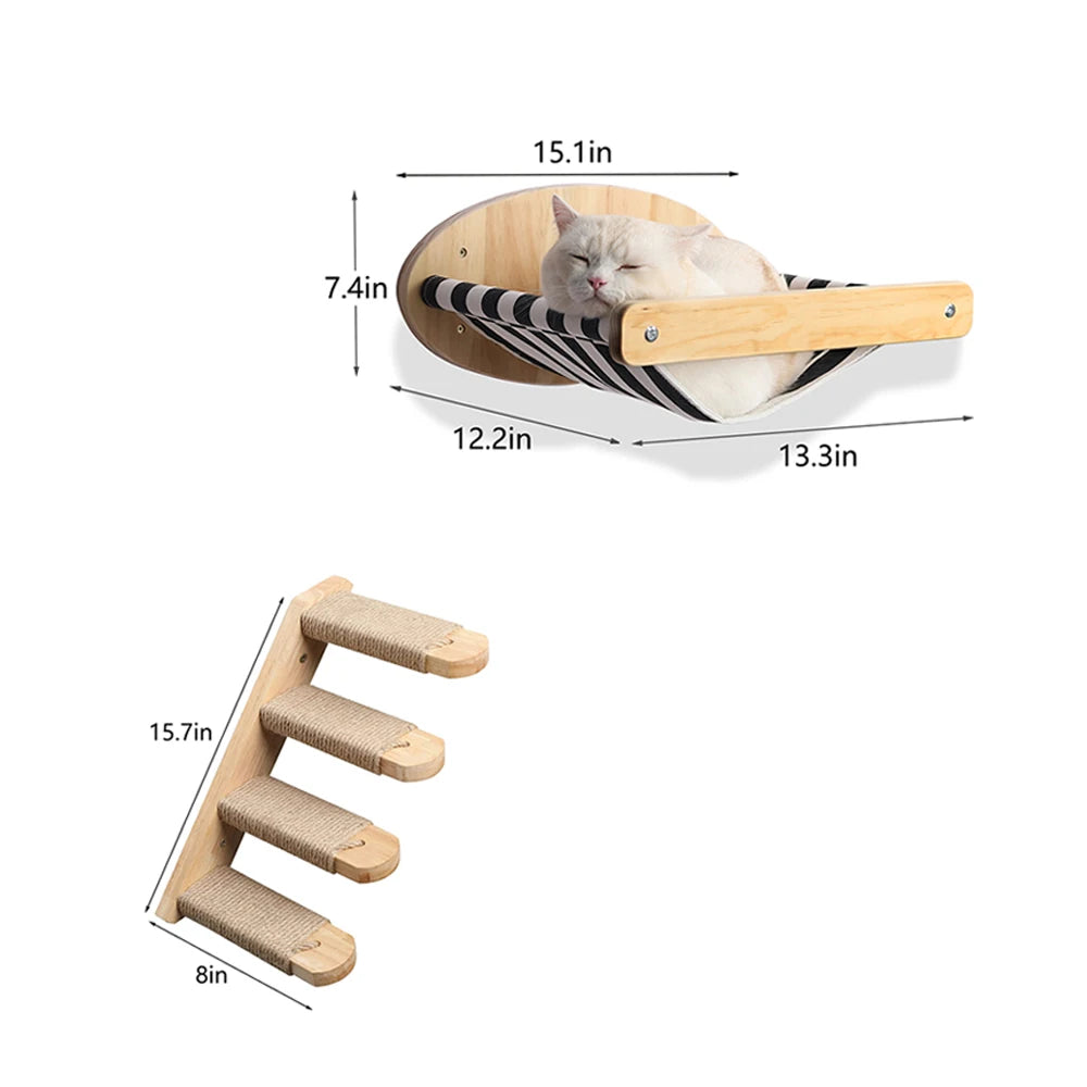 Wall Mounted Cat Furniture Set With Hammock And Scratching Posts