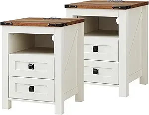 Farmhouse Nightstands Set of 2 With Charging Station
