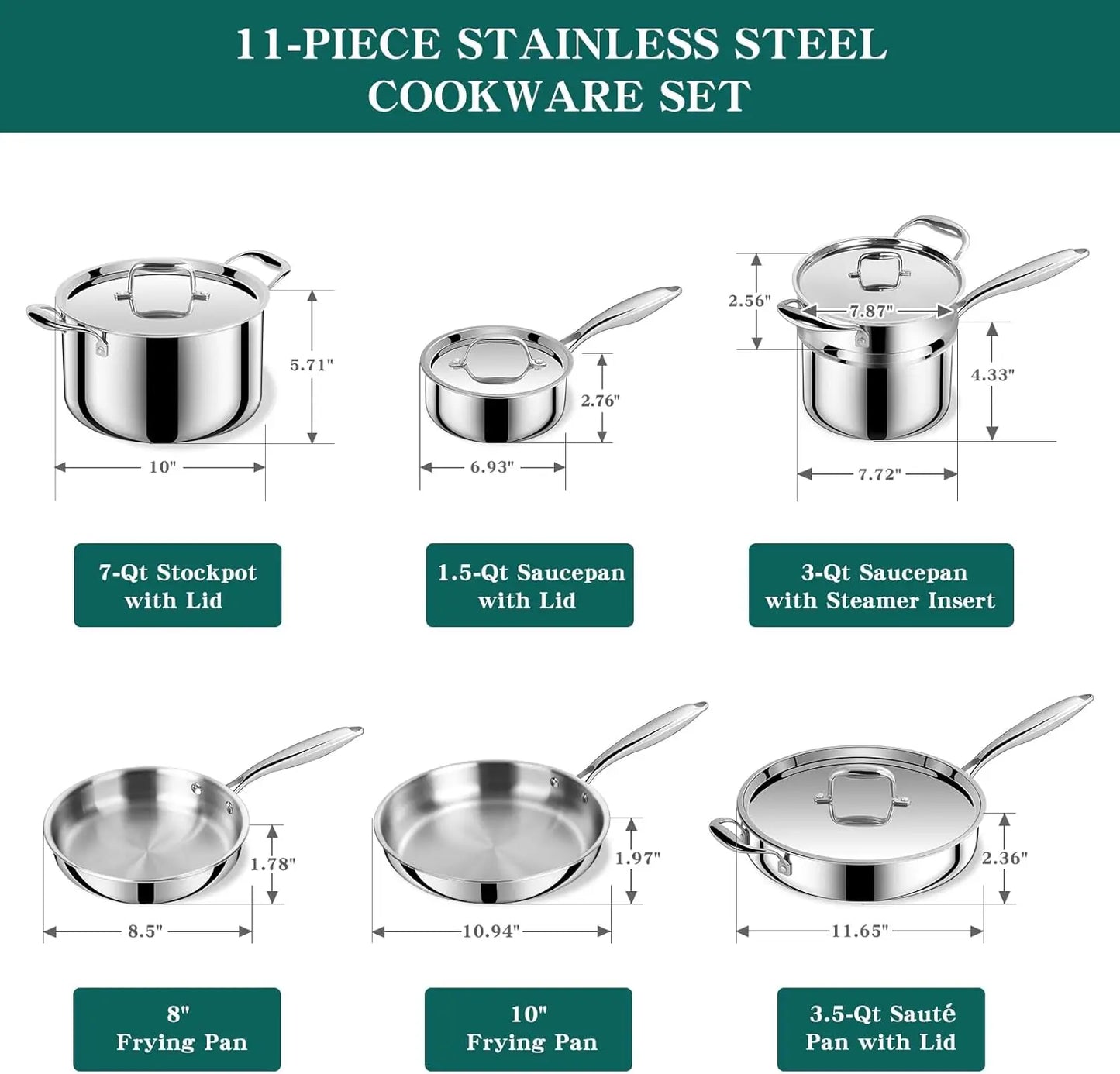 Pots And Pans Set Stainless Steel Cookware Induction Compatible Oven Safe