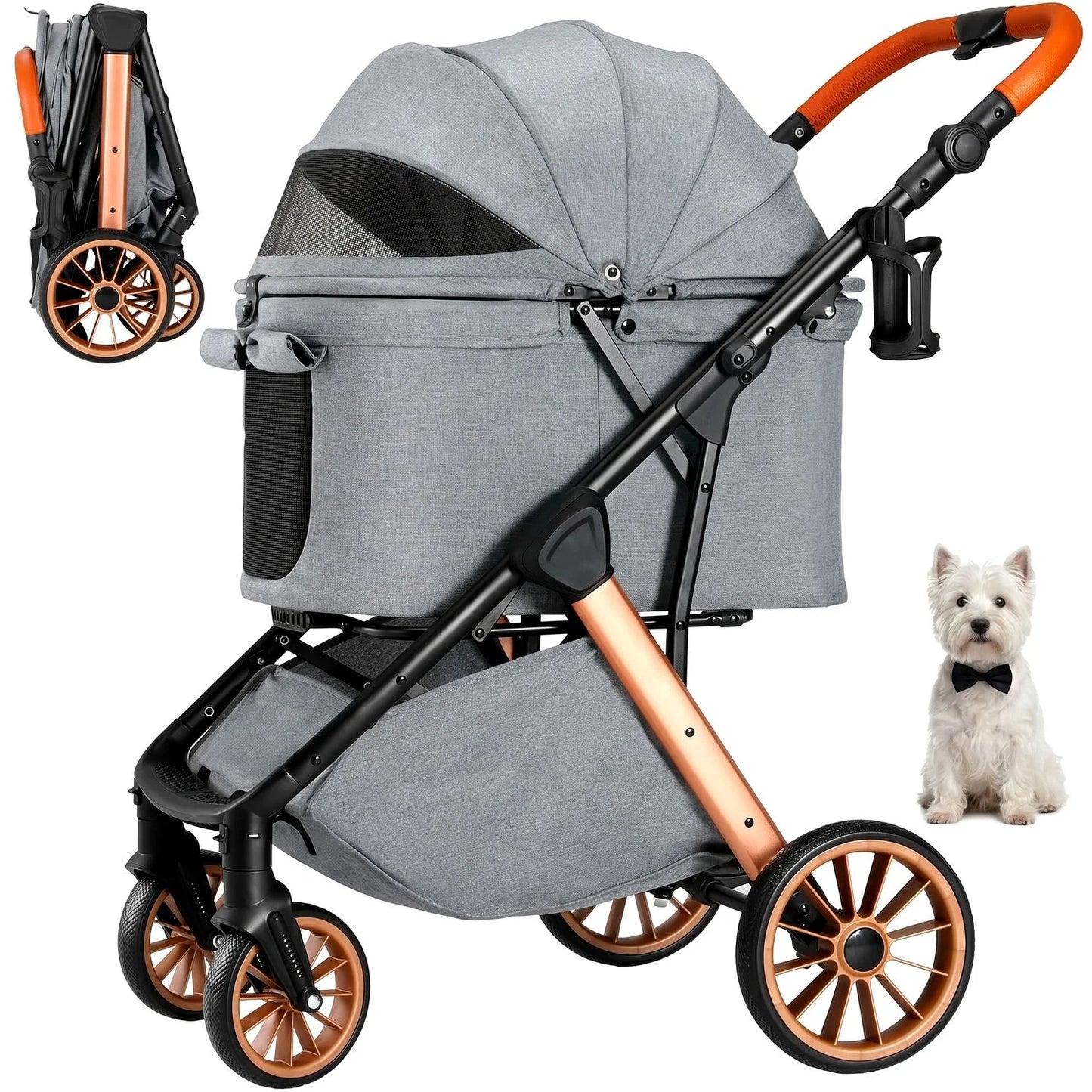 JHK 3 Wheels Foldable Pet Stroller for Small Dogs and Cats Stroller with Mesh Windows Storage Basket Cup Holder for Outdoor Use