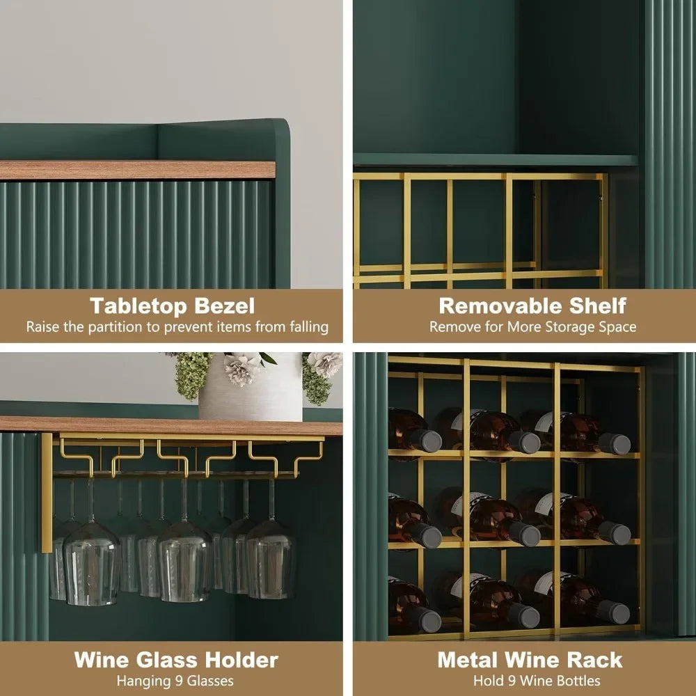 Modern Fluted Wood Wine Bar Cabinet With Glass Holder