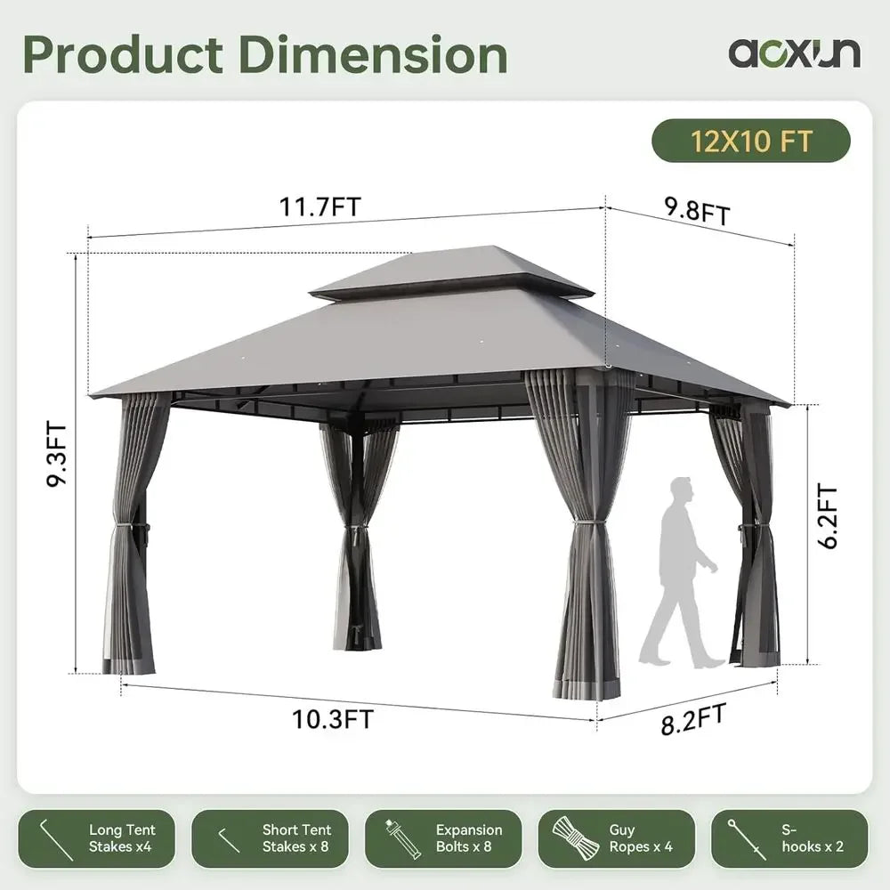 12x10 Outdoor Heavy Duty Gazebo With Double Roof And Mosquito Netting