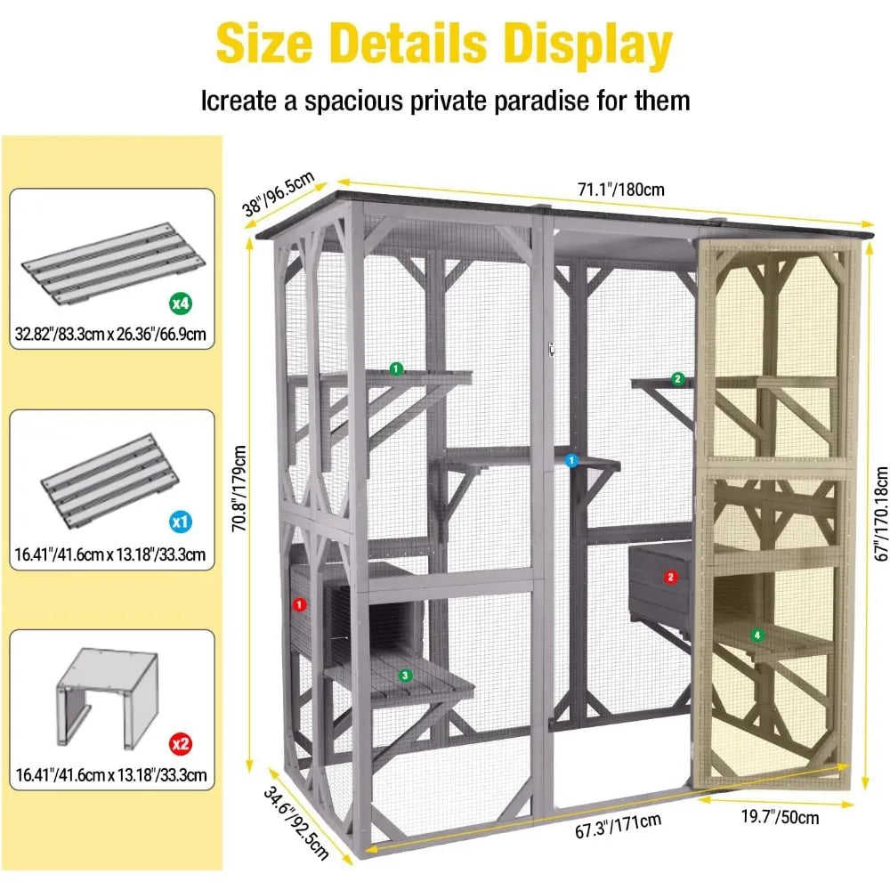 Outdoor Wooden Catio Enclosure For Multiple Cats With Roof