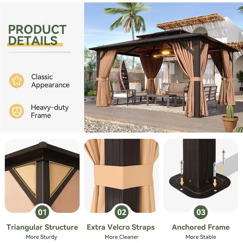 Hardtop Aluminum Gazebo With Curtains Netting And Outdoor Polycarbonate Roof