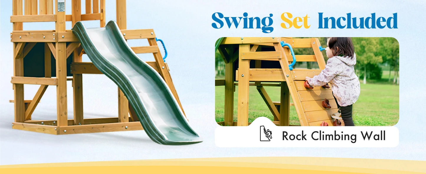 Robotime Robud Wooden Swing Set With Dual Swings Slide Chalkboard