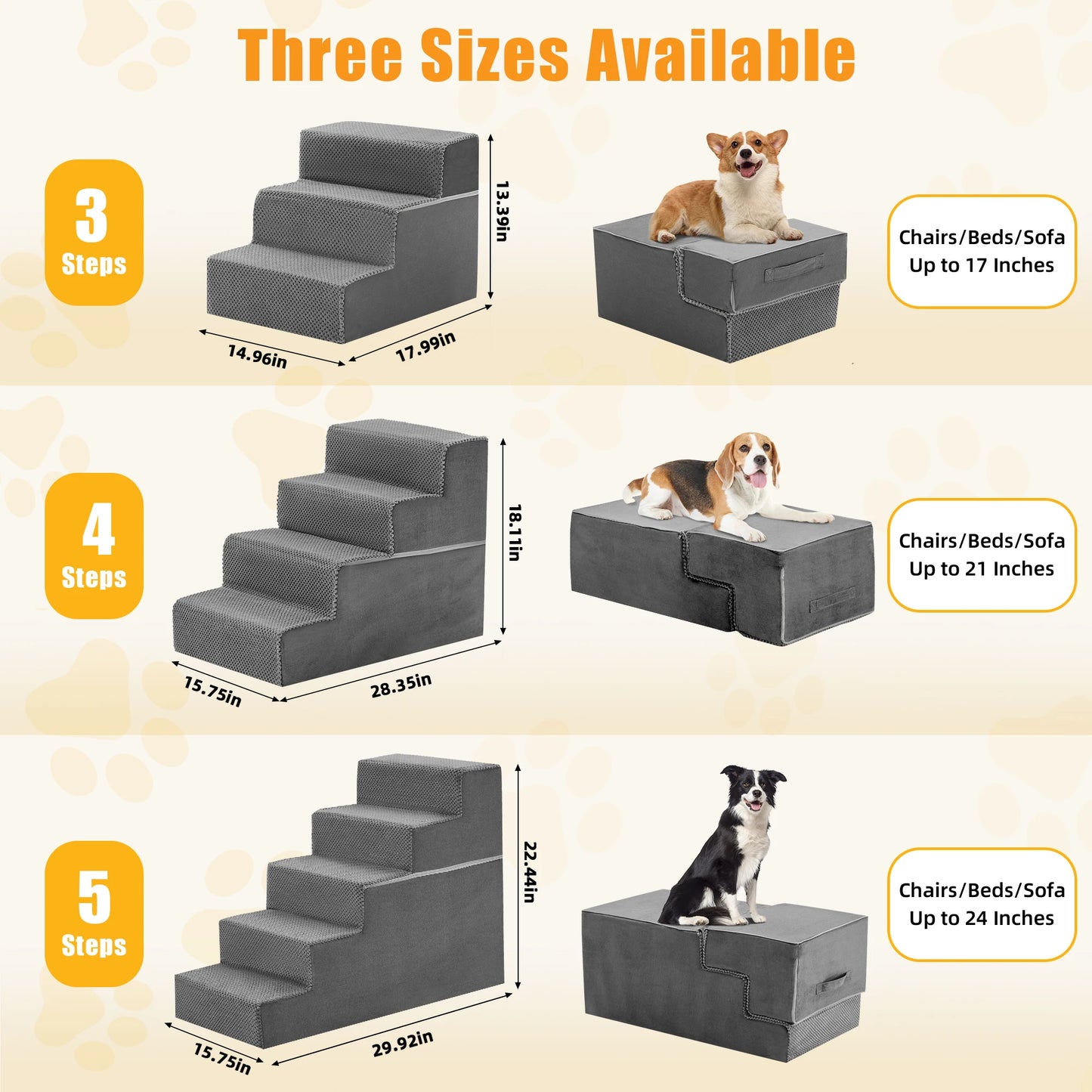 High-Density Foam Pet Stairs With Washable Cover – 3, 4 or 5 Steps