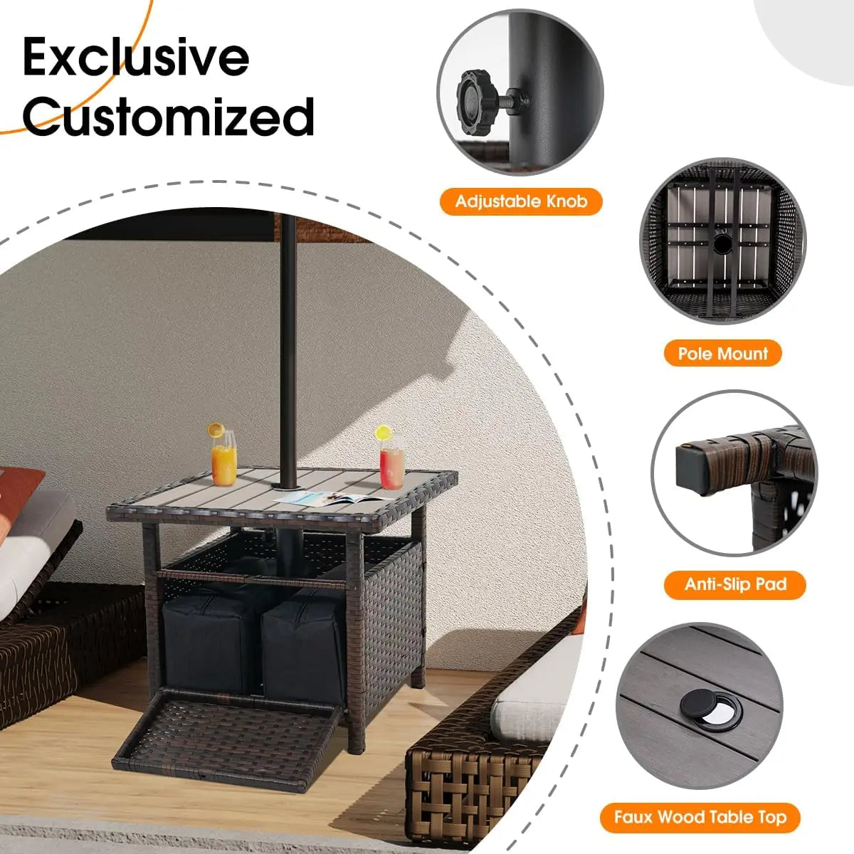 Wicker Patio Umbrella Stand With Side Table And Weight Bags