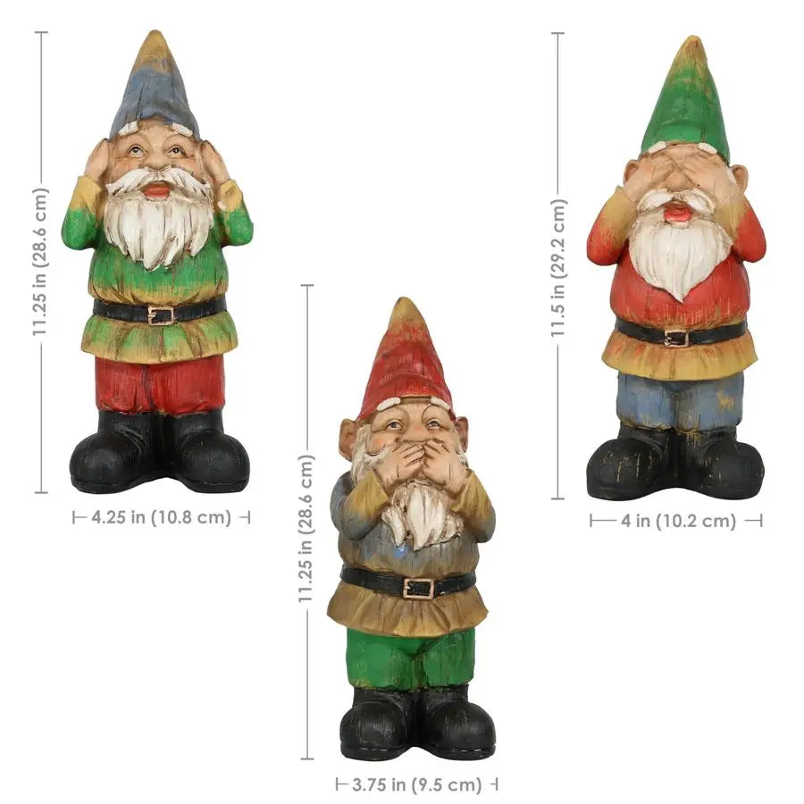 Three Wise Garden Gnomes Hear Speak See No Evil Statues