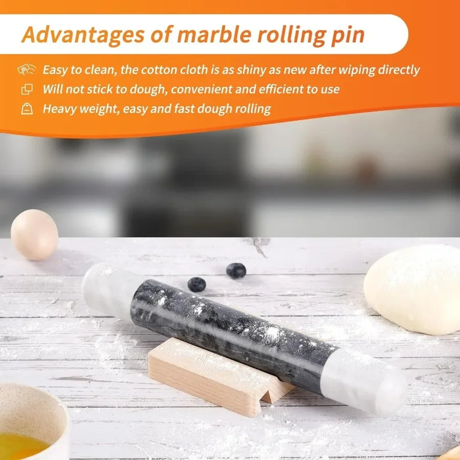 French Marble Rolling Pin With Wooden Stand For Nonstick Baking