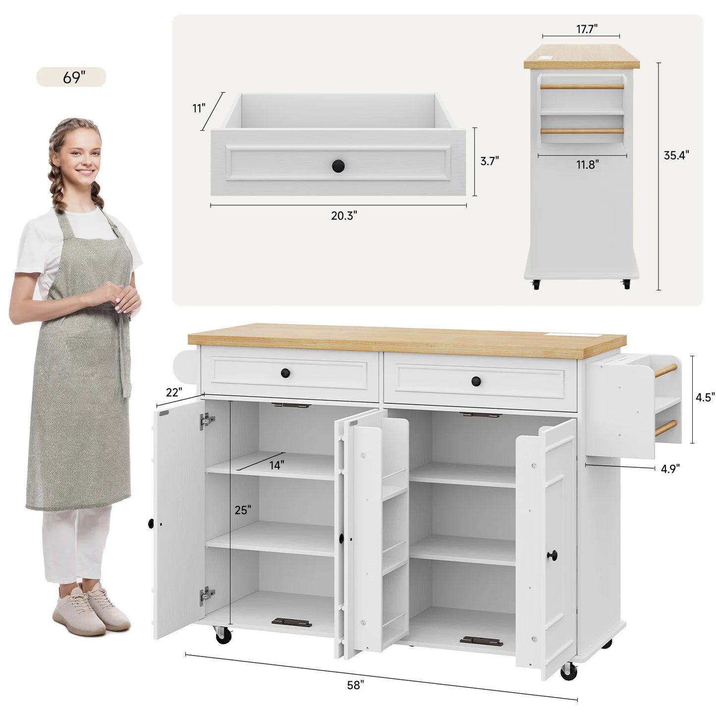 58-Inch Rolling Kitchen Island with Drop Leaf & Power Outlet
