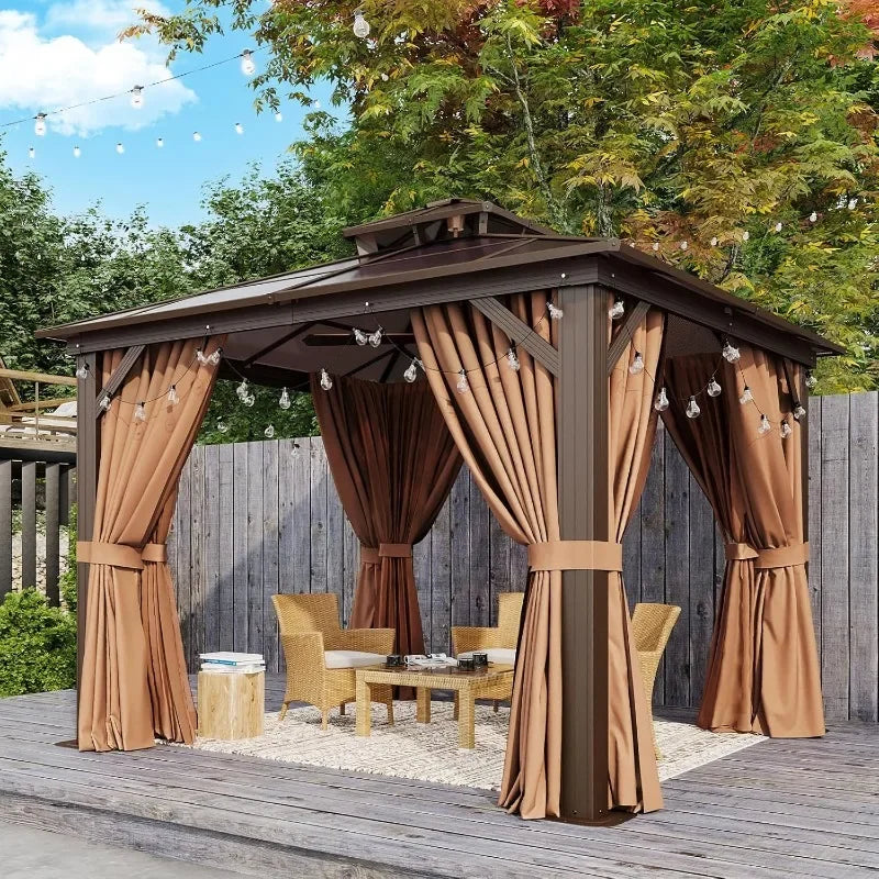 Hardtop Aluminum Gazebo With Curtains Netting And Outdoor Polycarbonate Roof
