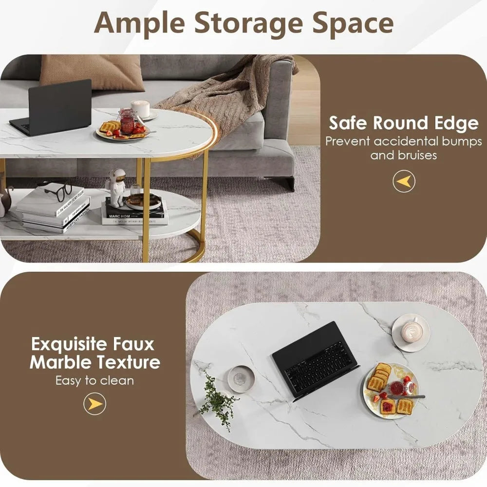 Two-Tier Coffee Table With Faux Marble Top And Open Storage