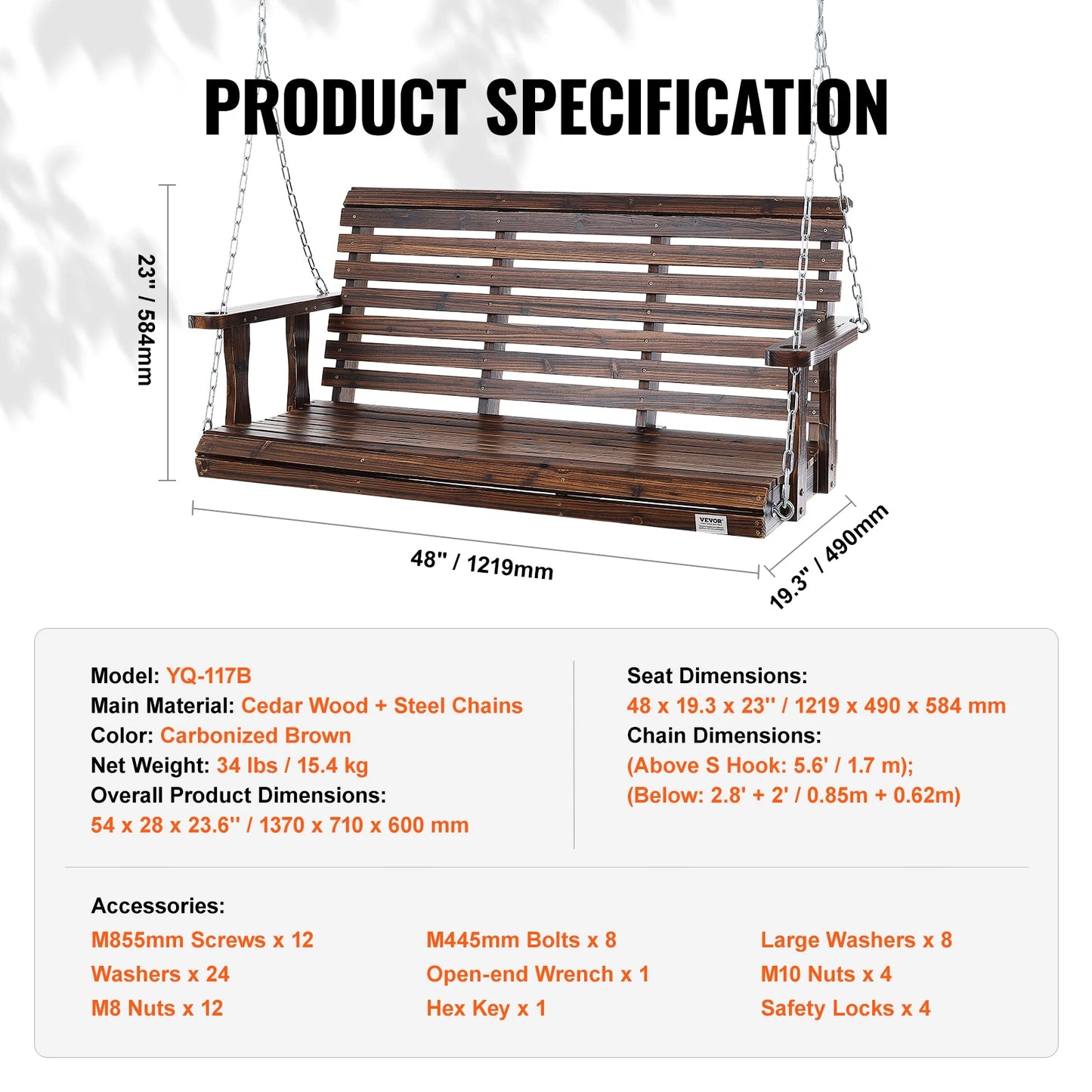 Outdoor Wooden Porch Swing With Cedar Wood And Durable Chains