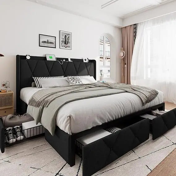 Upholstered Wingback Platform Bed With Storage Drawers And USB Charging