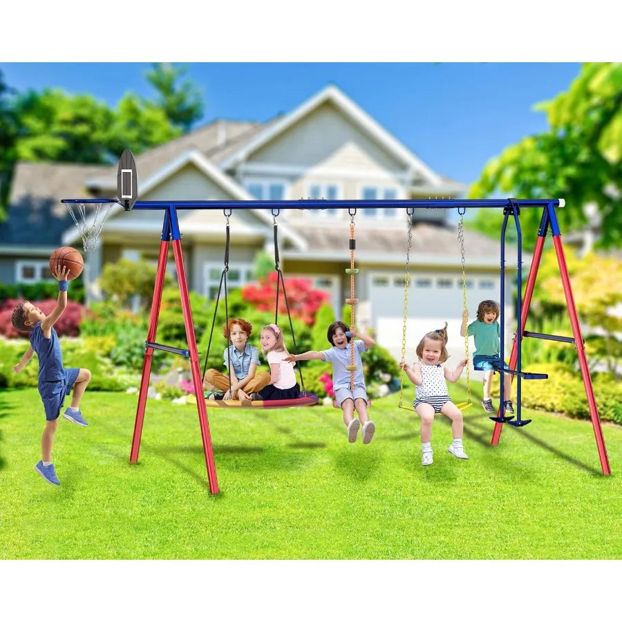 Heavy Duty Metal Swing Set With Rope Swing Glider Hoop