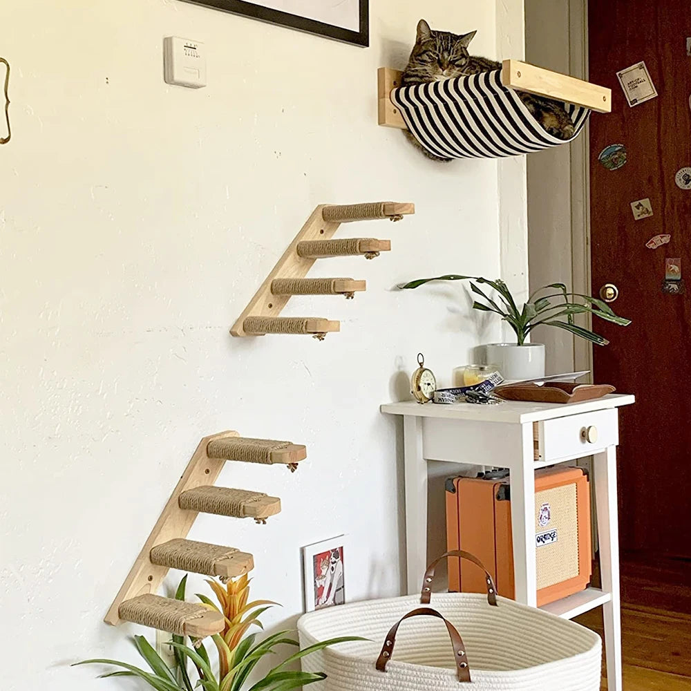 Wall Mounted Cat Furniture Set With Hammock And Scratching Posts