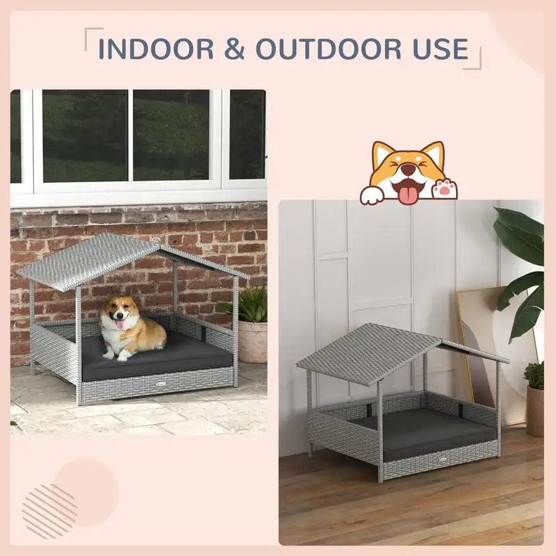 PawHut Wicker Dog House With Canopy Water Resistant Cushion Outdoor