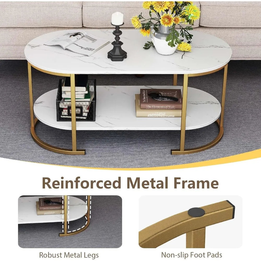 Two-Tier Coffee Table With Faux Marble Top And Open Storage