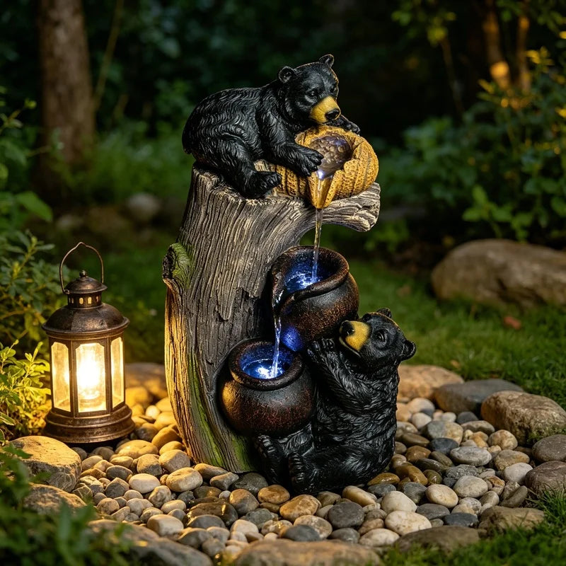 Bear Cascading Outdoor Water Fountain With LED Lights