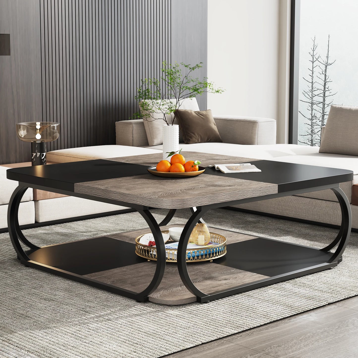 Tribesigns Square Farmhouse Coffee Table With Two Tier Storage Shelf