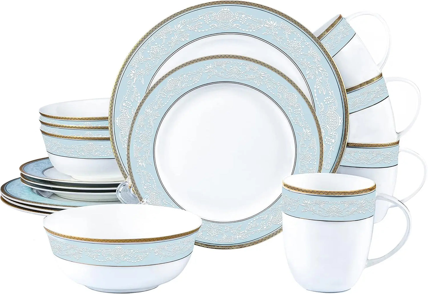Bone China Dinnerware Set With Relief Pattern And Gilt Edges