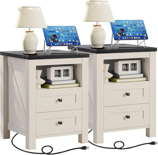 Farmhouse Nightstands With Charging Station And Drawers Set 2