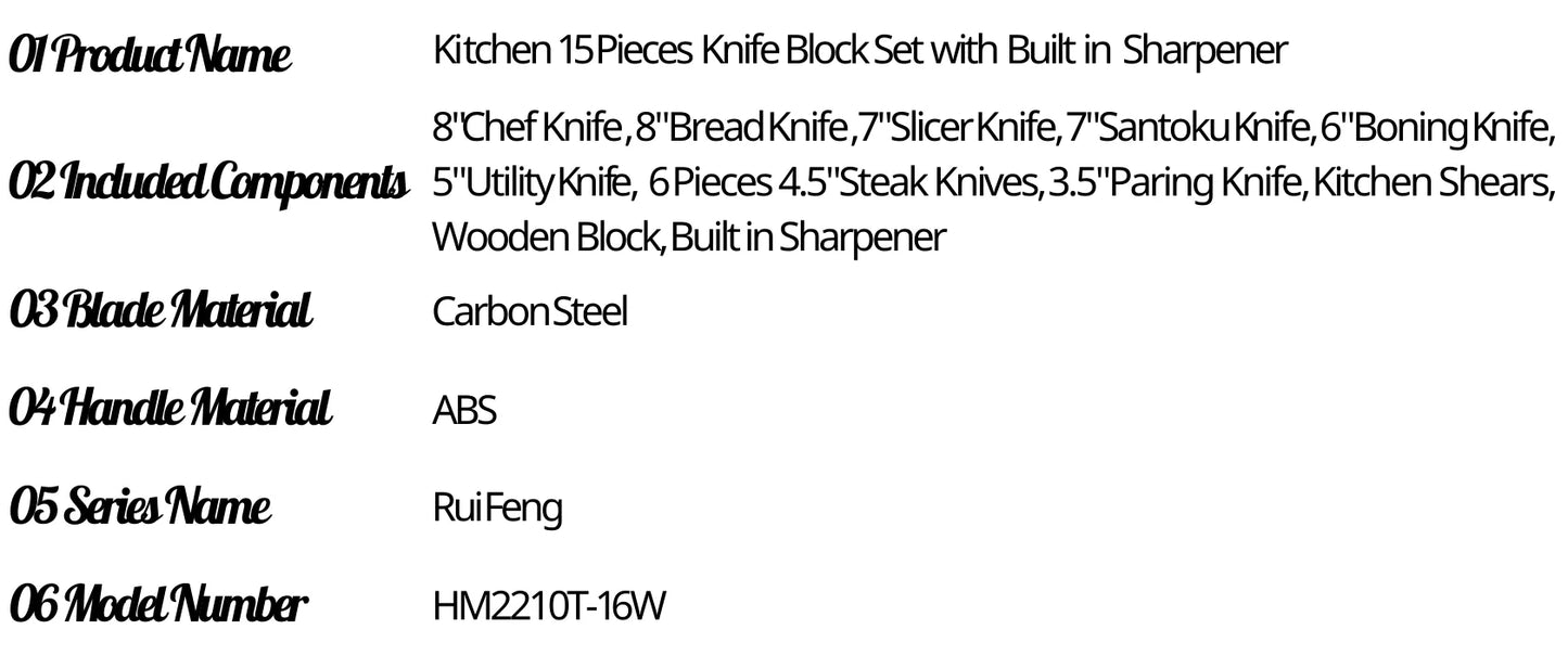 16-Piece Carbon Steel Kitchen Knife Set with Built-In Sharpener
