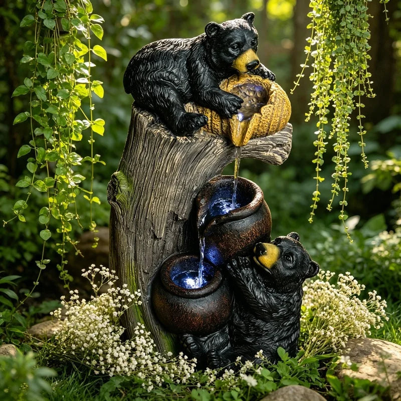 Bear Cascading Outdoor Water Fountain With LED Lights