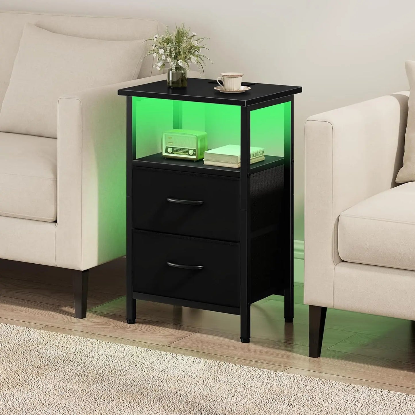 Two Piece Nightstand Set With LED Lighting And Charging Dock