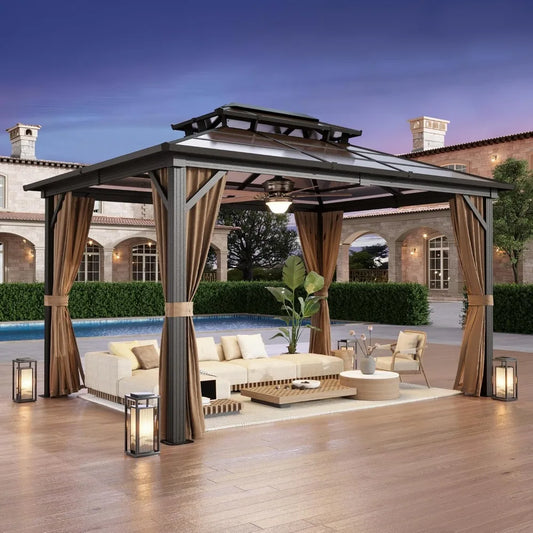 Hard Top Polycarbonate Gazebo With Double Roof And Curtains