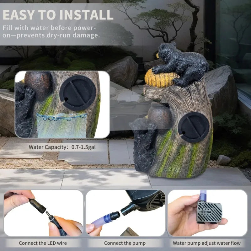 Bear Shaped Outdoor Fountain With LED Lights And Tiered Design