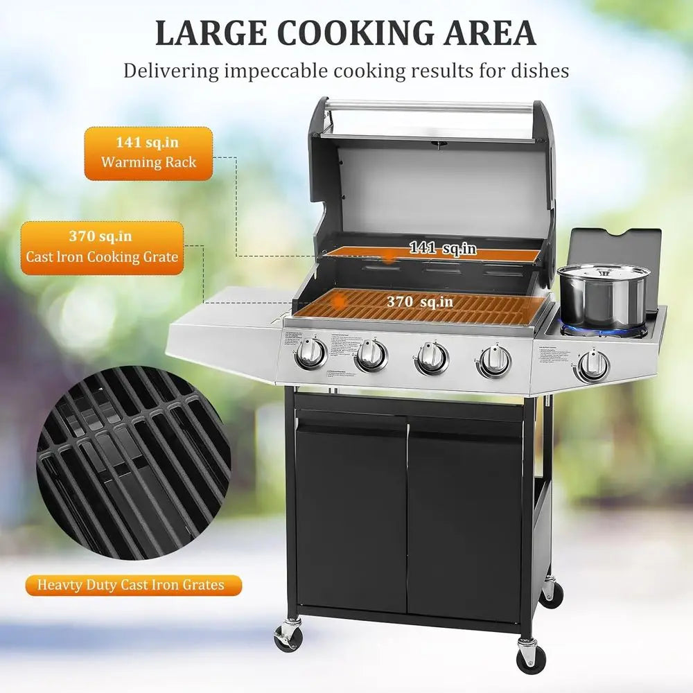 Four Burner Propane Gas BBQ Grill With Side Burner Thermometer