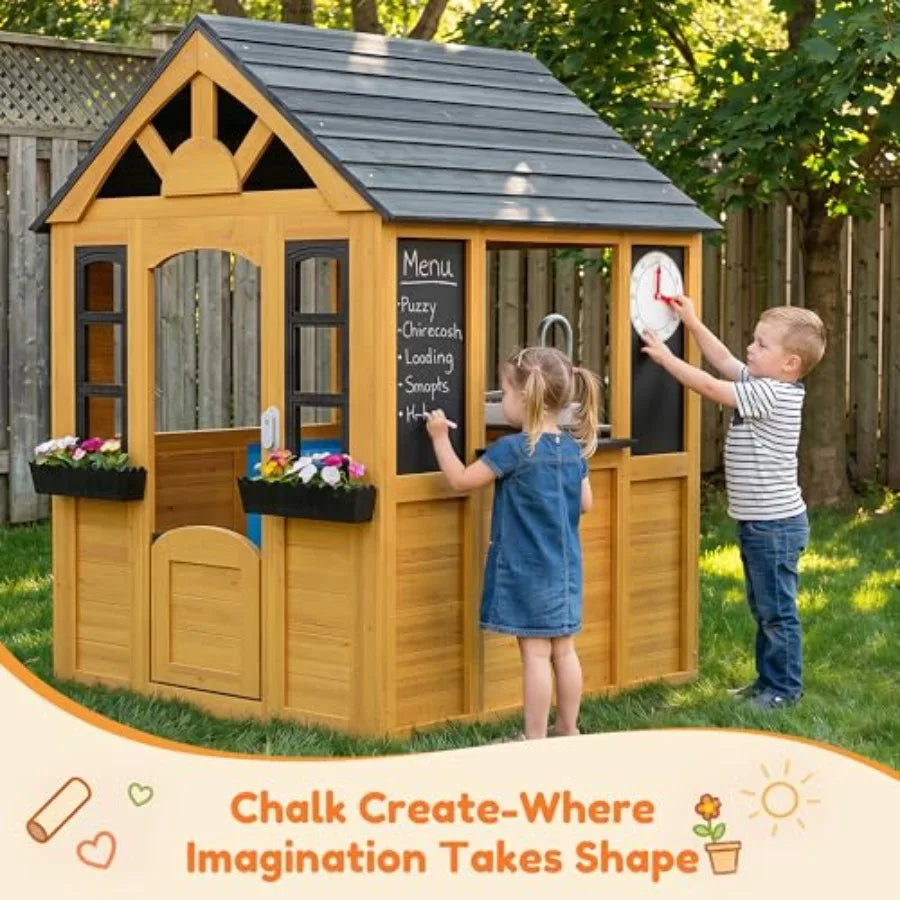 Outdoor Wooden Playhouse with Kitchen, Snack Bar & Pet Door
