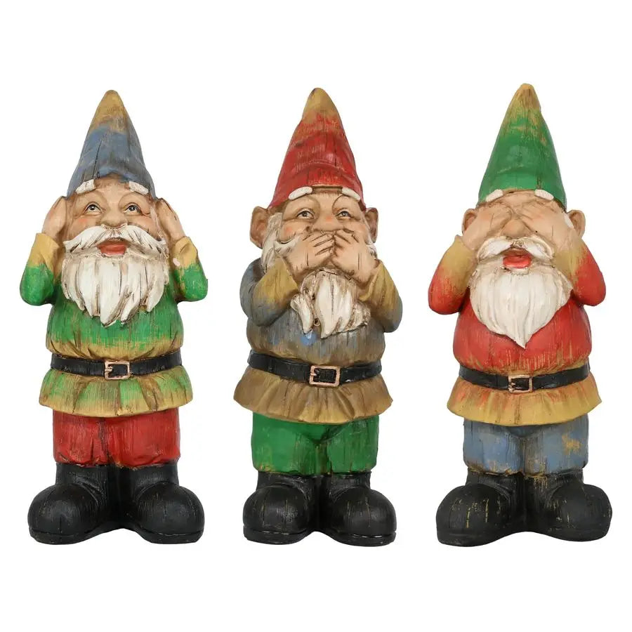 Three Wise Garden Gnomes Hear Speak See No Evil Statues