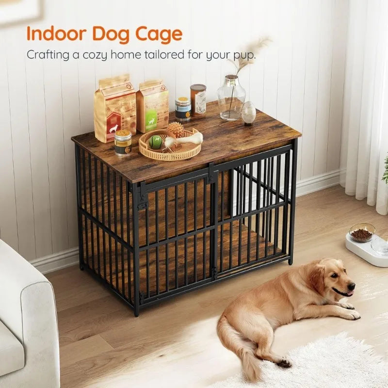 Heavy Duty Durable Dog Crate Table With Sliding Barn Door