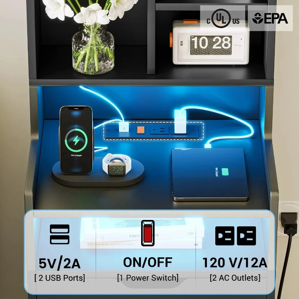 High Leg Bedside Table With Charging Station And Bookshelf