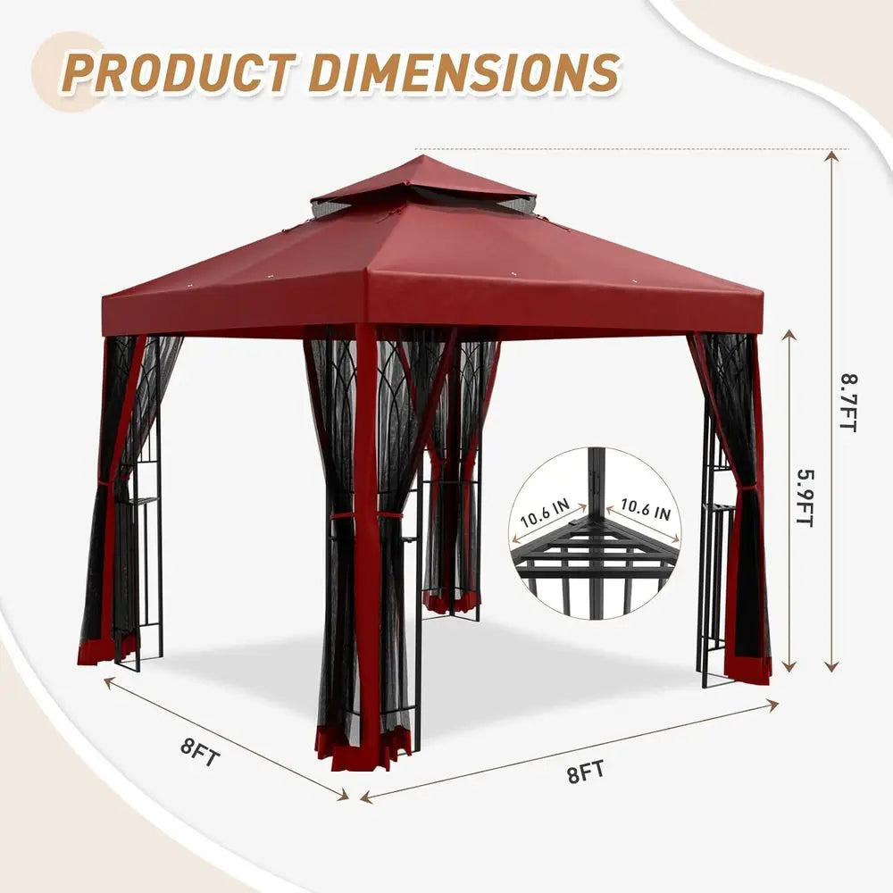 8' x 8' Outdoor Patio Gazebo with Mesh Netting & Built-In Corner Shelves
