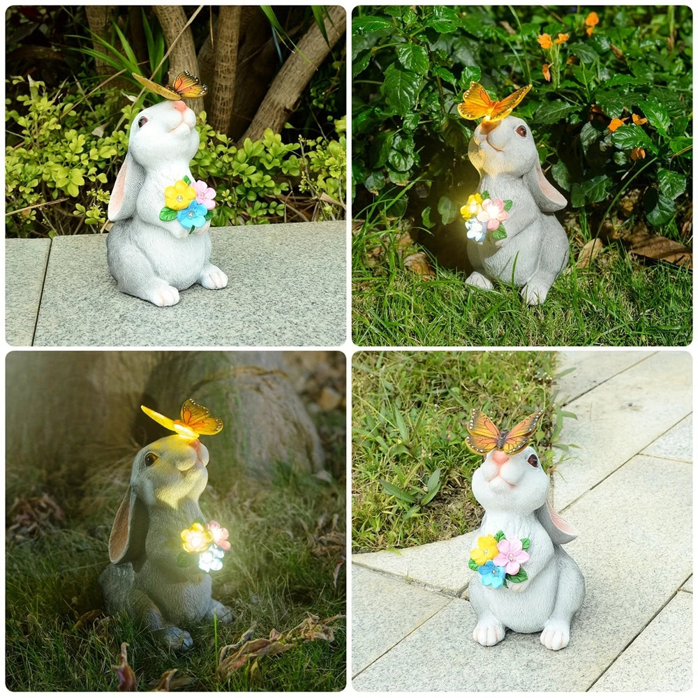Solar Bunny Statue With Butterfly LED Light For Garden