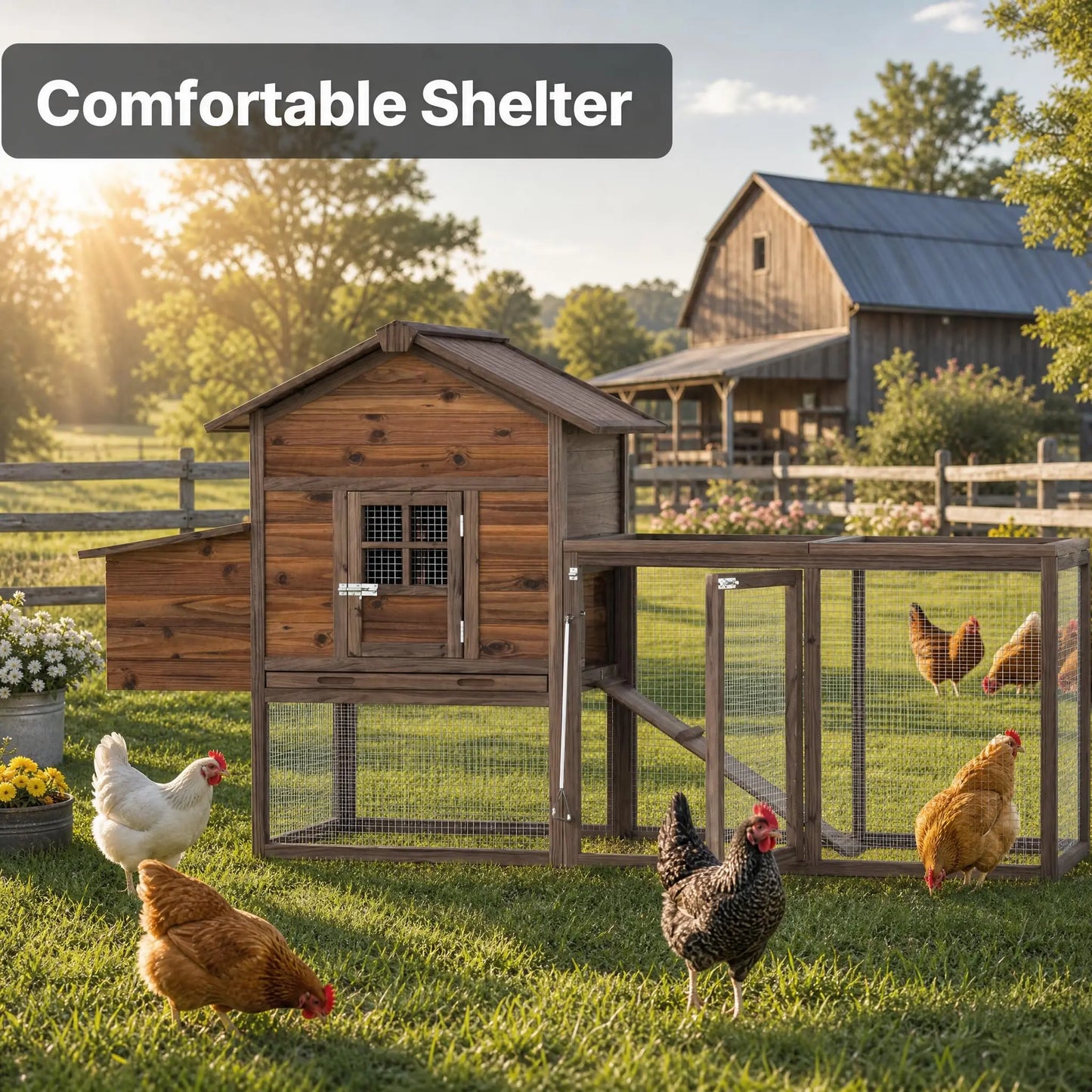 82-Inch Wooden Chicken Coop With Nesting Box and Run