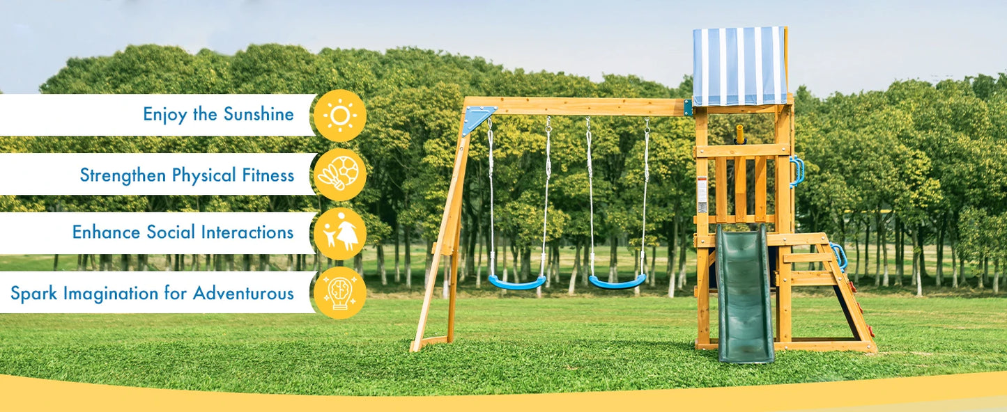 Robotime Robud Wooden Swing Set With Dual Swings Slide Chalkboard